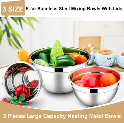 E-far Mixing Bowls with Lids, 6-Piece Stainless Steel Salad Bowls Metal Nesting Bowls for Baking Cooking and Prepping, Airtight Lids & Stackable Design, Size 4.5, 3, 1.5 QT (Black)