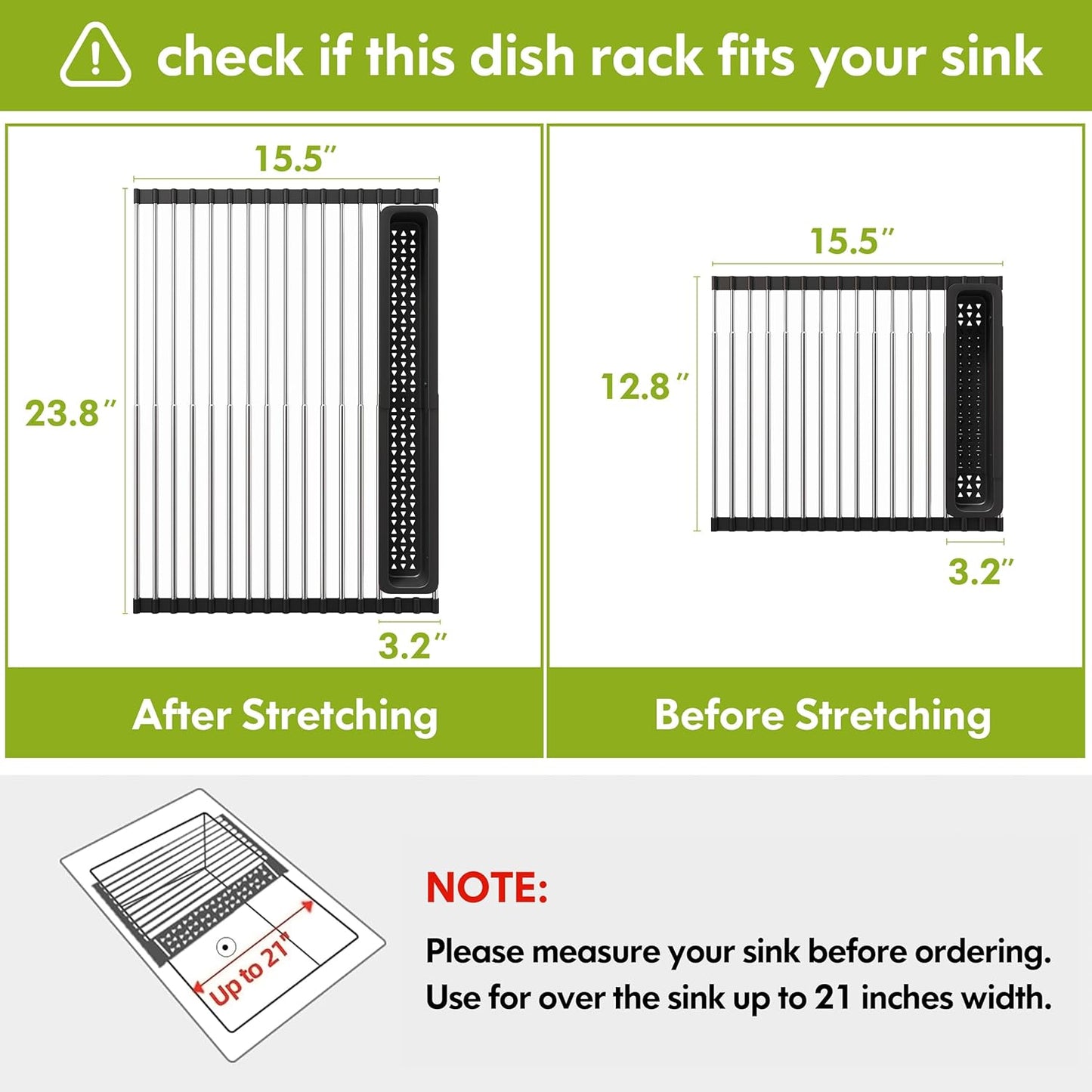 JASIWAY Roll Up Dish Drying Rack, Expandable (12.8"-23.8" D x 12.8" W) Stainless Steel Portable Drainer for Kitchen Sink Counter, Foldable Over The Sink Cover with Removable Utensil Holder