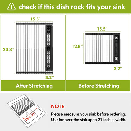 JASIWAY Roll Up Dish Drying Rack, Expandable (12.8"-23.8" D x 12.8" W) Stainless Steel Portable Drainer for Kitchen Sink Counter, Foldable Over The Sink Cover with Removable Utensil Holder