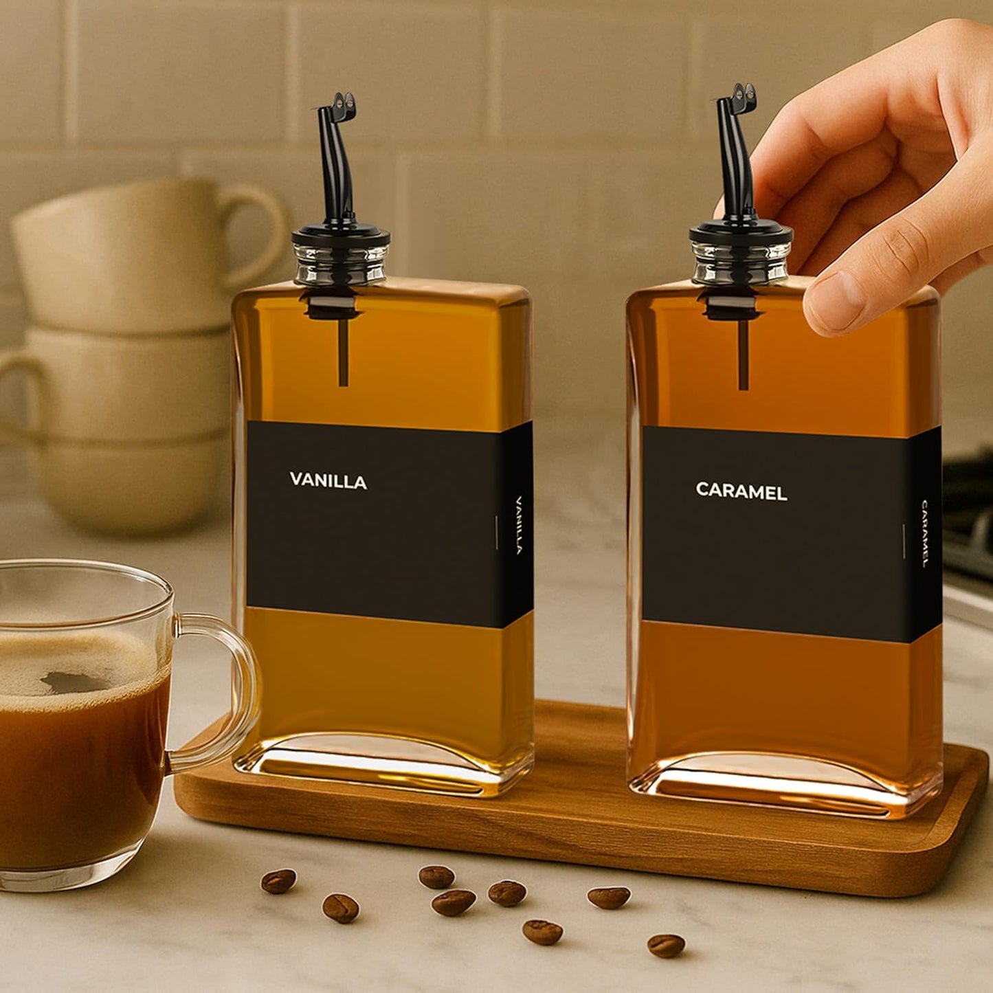 Spaceneat Olive Oil Dispenser Bottle - Includes 44 Kitchen Essential Labels - Cooking Oil Bottles for Kitchen, Coffee Syrup Dispenser - Pourer Spout with 11.8 fl oz Glass Container Cruet - 4pcs, Gold