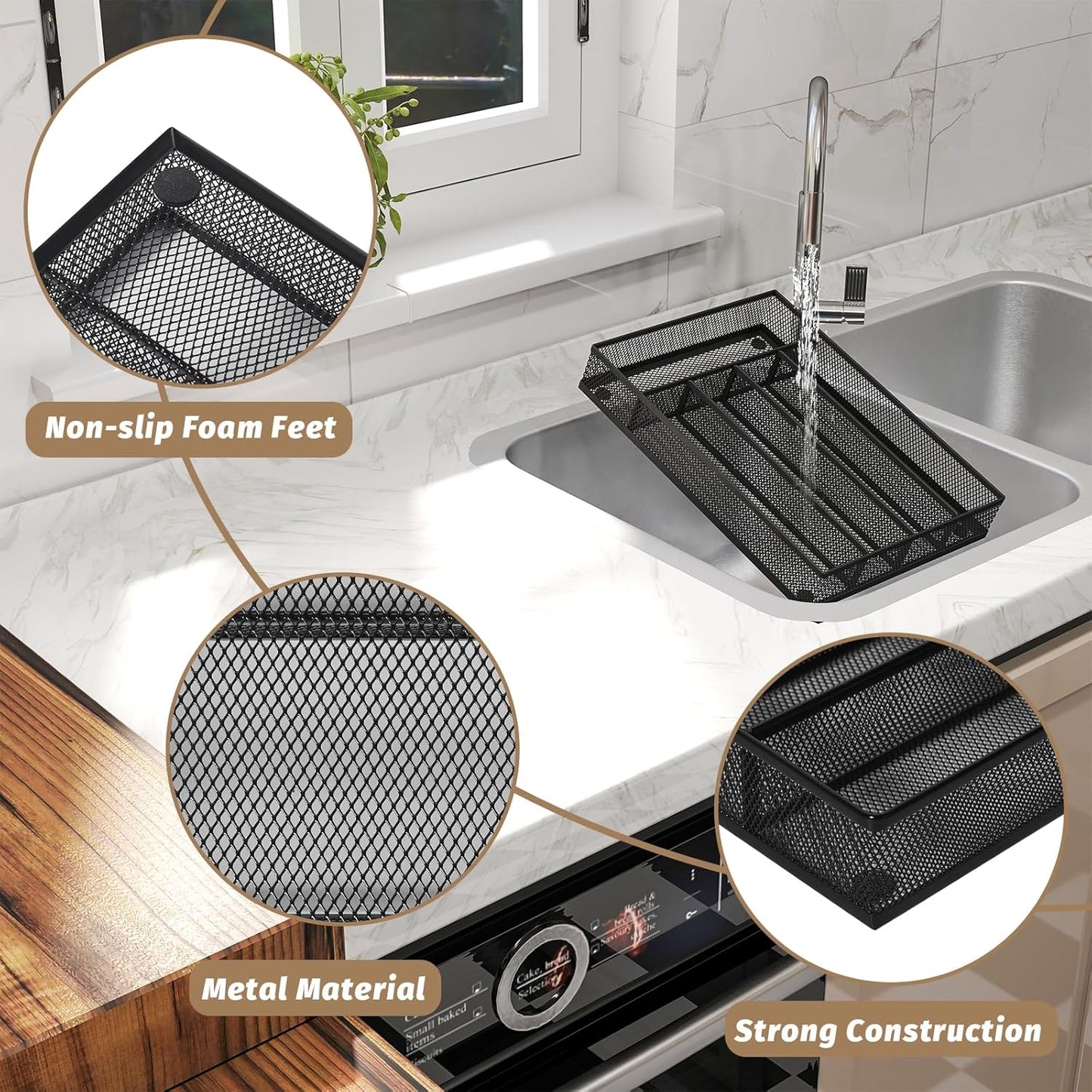 Sedegn Silverware Organizer Metal Mesh, Large Drawer Organizer, Utensil Cutlery Tray for kitchen drawers, Flatware Organizer with 6 Compartment, Black (11.3”*16“)