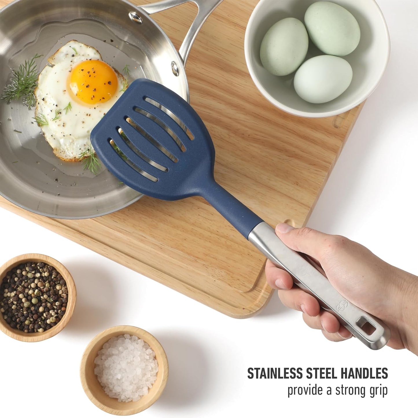 Calphalon Prime 7 Piece Silicone and Teak Wood Kitchen Tool & Gadget Set with Navy Blue Silicone Rim, Durable Heat Resistant Cooking Utensil Set for Stirring, Flipping, Serving