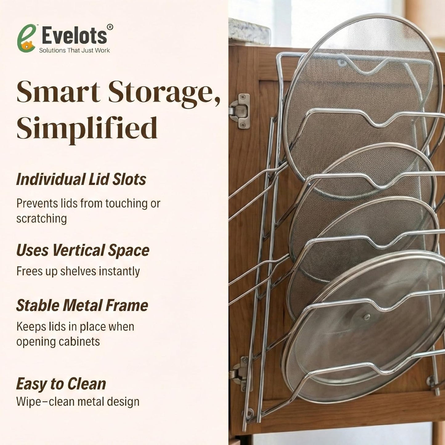 Evelots 6 Pot Lid Organizer for Cabinet Door or Pantry Wall - Closet Door Pots and Pans Lids Holder - Glass or Metal Pan Covers Cabinet Organizer Kitchen Storage - White 6 Tier Lid Rack