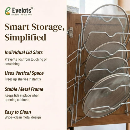 Evelots 6 Pot Lid Organizer for Cabinet Door or Pantry Wall - Closet Door Pots and Pans Lids Holder - Glass or Metal Pan Covers Cabinet Organizer Kitchen Storage - White 6 Tier Lid Rack