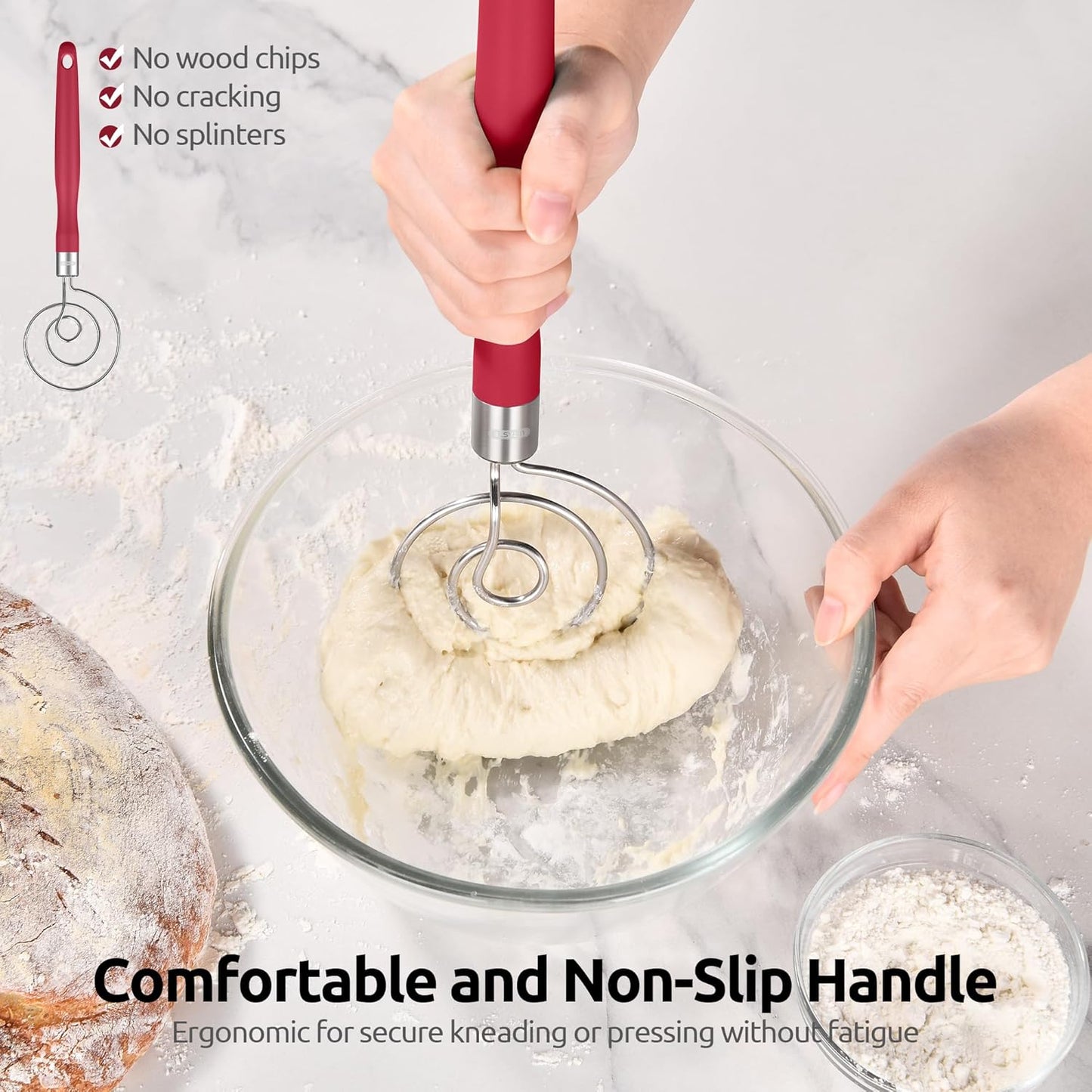 U-Taste 12.6" Danish Dough Whisk: 18/8 Stainless Steel Heavy-Duty Sourdough Mixer Tool, Food Grade Dutch Style Seamless Bread Wisk, Sturdy for Mixing, Stirring, Pressing, Kneading Thick Batter (Black)
