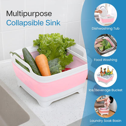 EZuraa 2.4 gal(9L) Gray Collapsible Dish Basin, Portable Sink or Dish Pan for Kitchen Sink with Drain Plug/Strainer, Space Saving Baby Bottle Wash Basin Collapsible Bucket, Beverage Tub for Camping