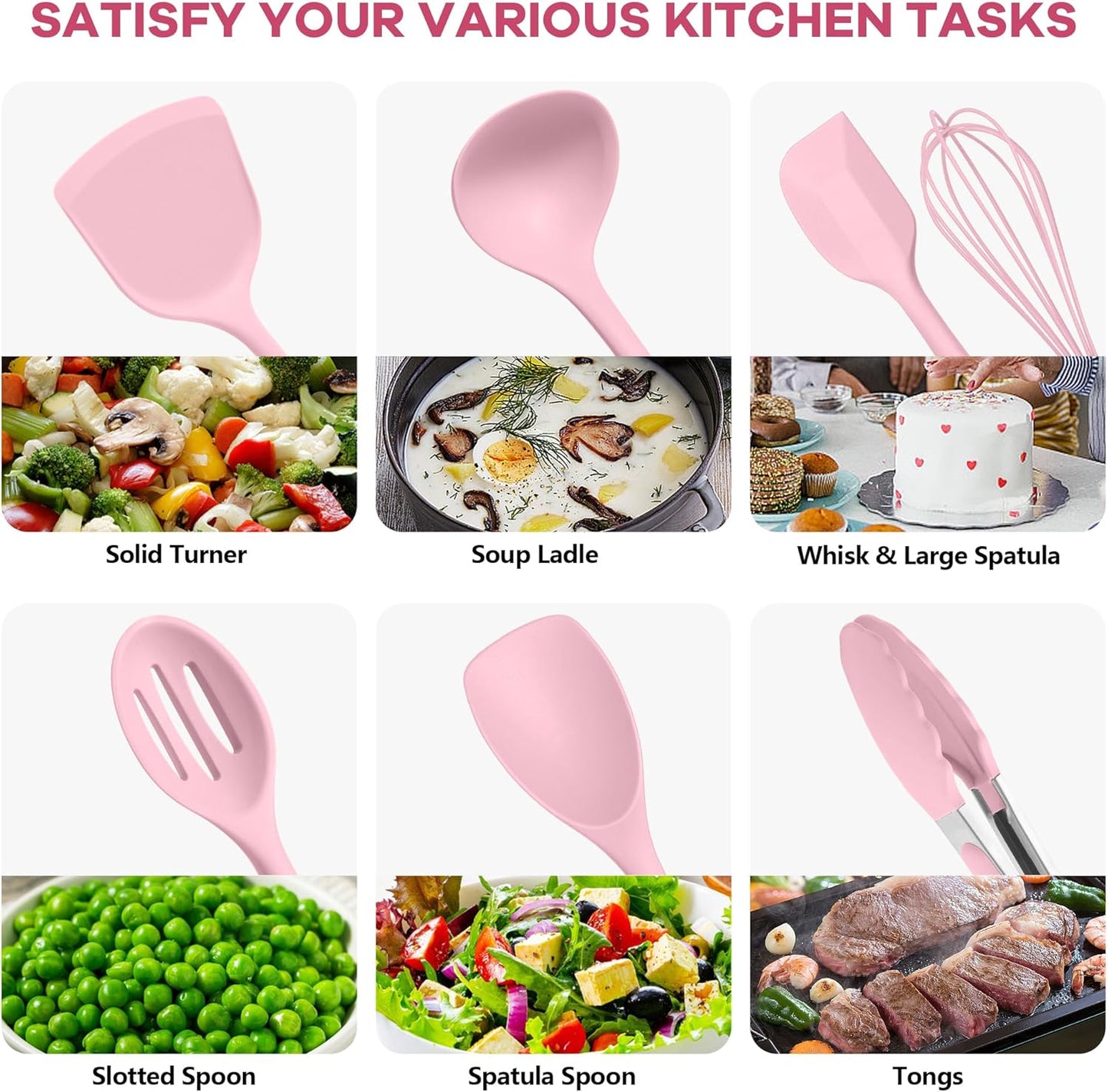 TeamFar Silicone Cooking Utensils, 10 pcs Kitchen Cooking Utensils Set, 446°F Heat Resistant Kitchen Gadgets Tools Set w/Spatula, Turners, Spoons, Soup Ladle, Pasta Server for Nonstick Cookware, Black