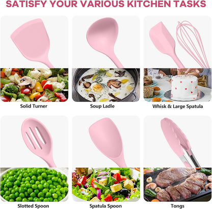 TeamFar Silicone Cooking Utensils, 10 pcs Kitchen Cooking Utensils Set, 446°F Heat Resistant Kitchen Gadgets Tools Set w/Spatula, Turners, Spoons, Soup Ladle, Pasta Server for Nonstick Cookware, Black