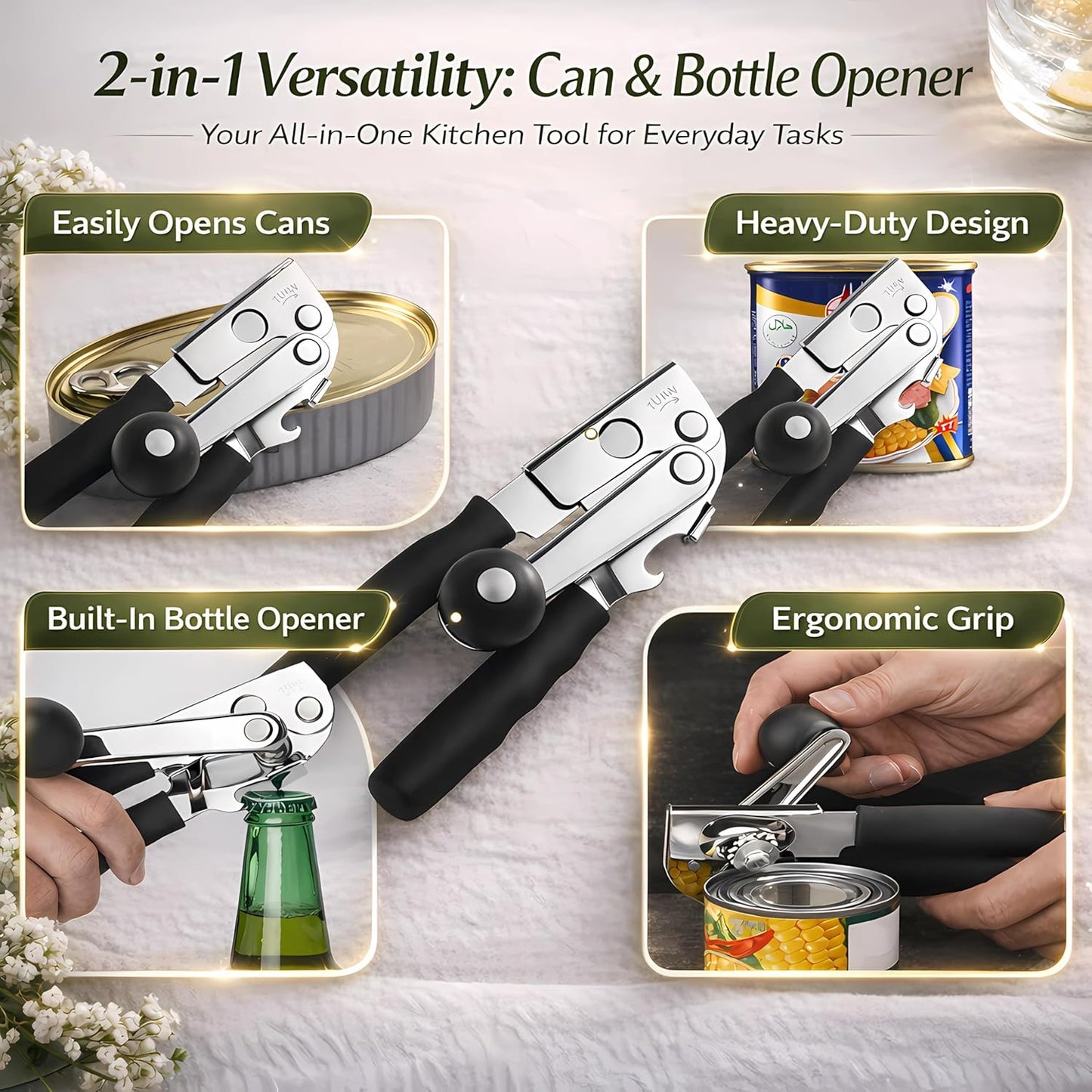 Manual Can Opener, Heavy Duty Stainless Steel, Magnetic Lid Lifter, Ergonomic Soft-Grip Handles with Bottle Opener (black)