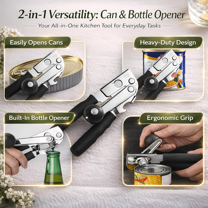 Manual Can Opener, Heavy Duty Stainless Steel, Magnetic Lid Lifter, Ergonomic Soft-Grip Handles with Bottle Opener (black)