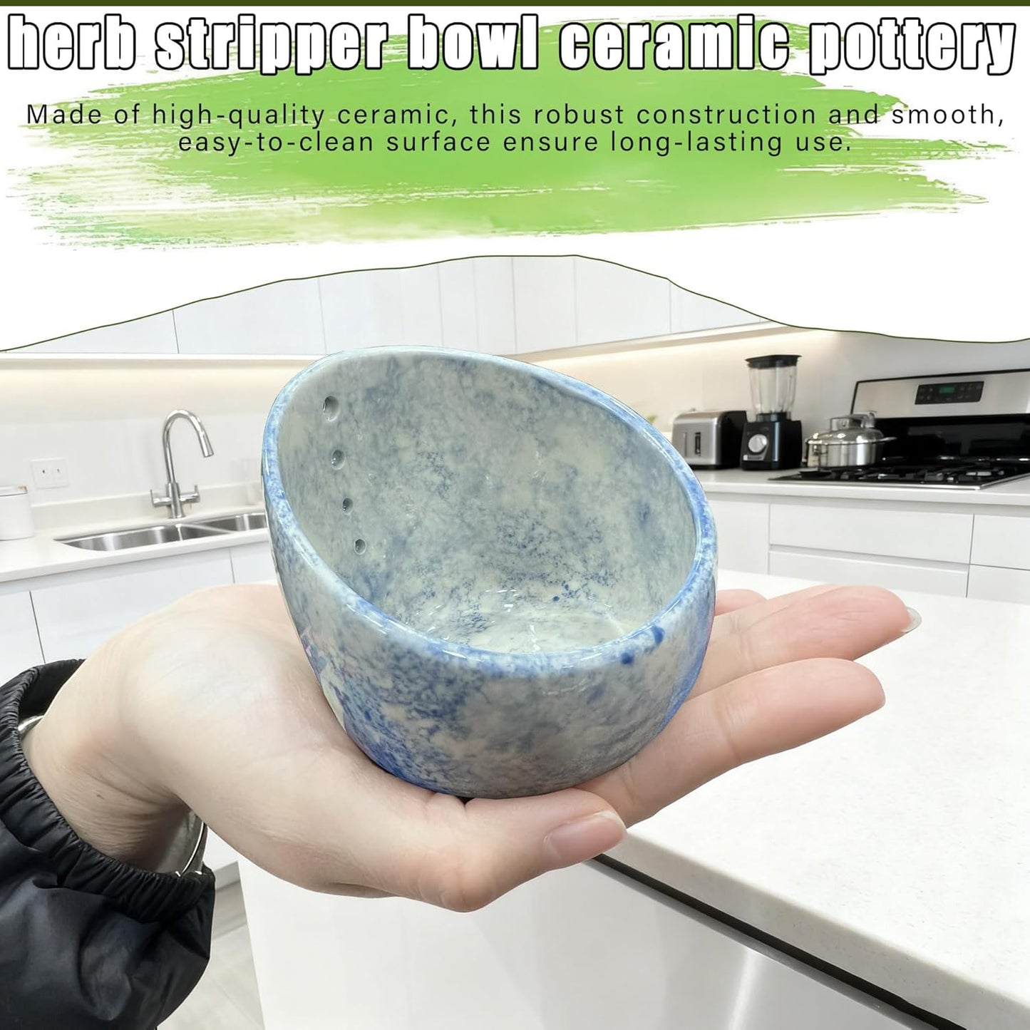 Herb Stripper Bowl, Pottery Ceramic Herb Stripper Stripper for Ergonomic Design Fast Leaf Removal (Green)