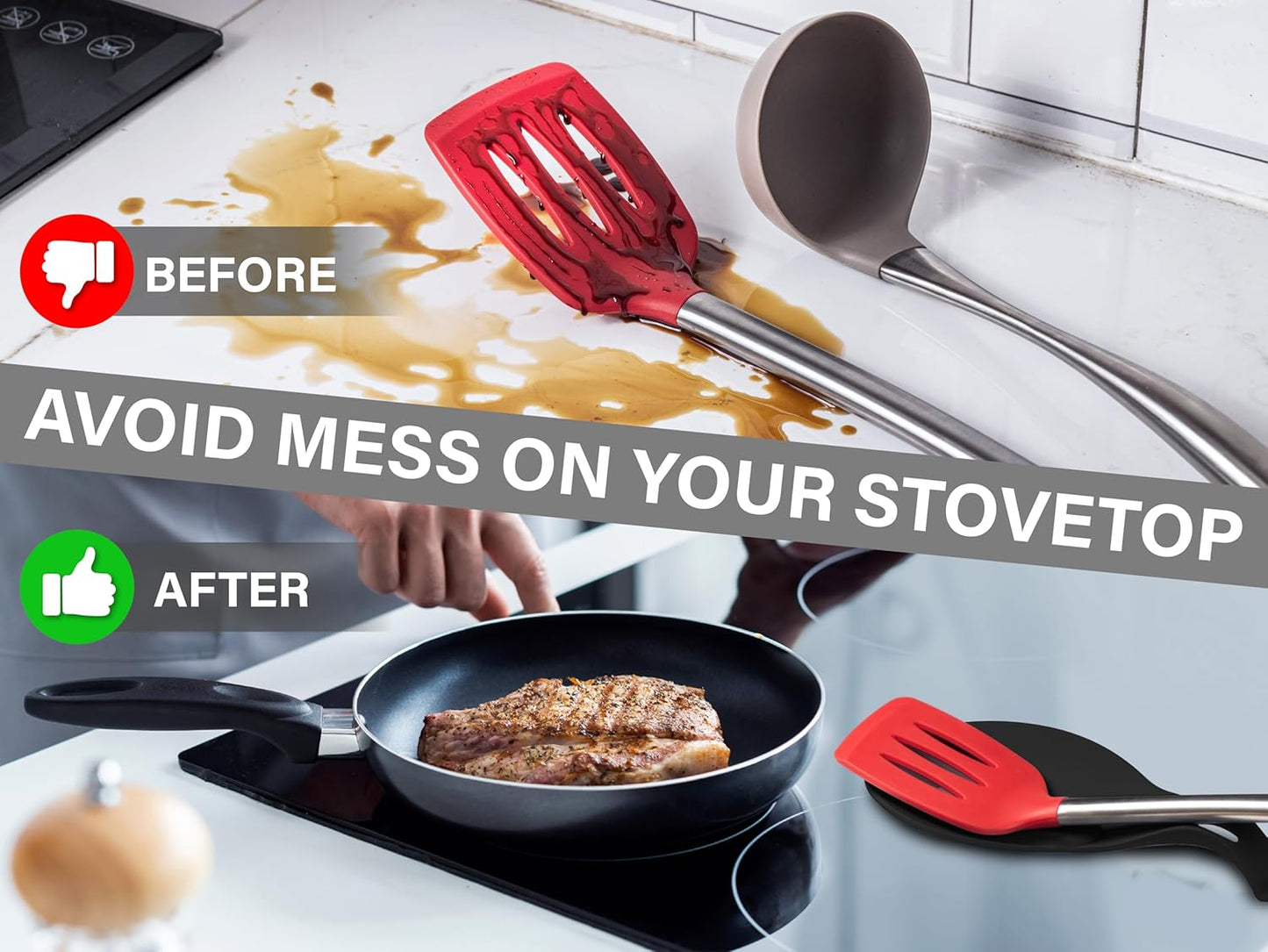 Silicone Spoon Rest for Stove Top Set of 2 – HEAT RESISTANT DISHWASHER SAFE Kitchen Utensil Holder for LARGE Utensils - Won’t Break - Non-Slip - Ideal for Glass & Induction Cooktops - for Home Cooks