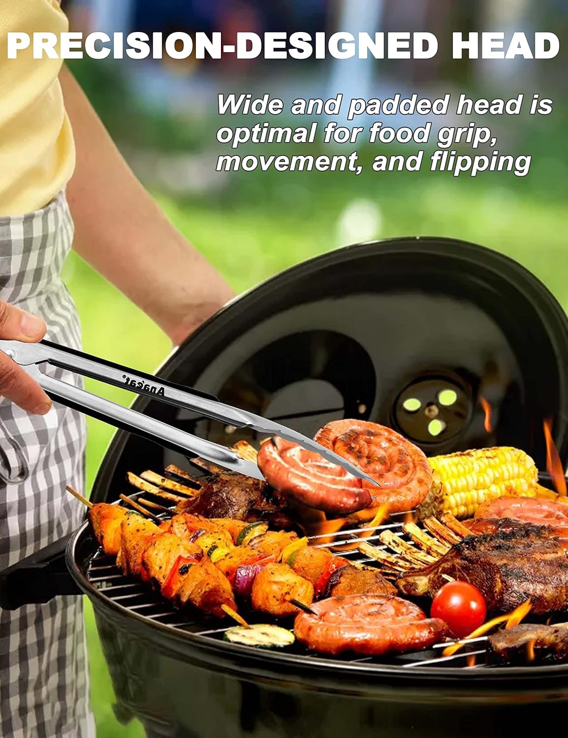 Anaeat Non-Stick Silicone Locking Tong Set of 3 - Stainless Steel 7", 9", 12" Kitchen Food Tongs with Non-Slip Silicone Tips and Grip for Cooking, Baking and BBQ - Heat Resistant up to 480°F (Black)