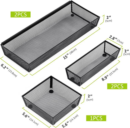 Neudeco Silverware Drawer Organizer - 5 Compartment Cutlery Tray with Non-Slip Feet, Mesh Wire Flatware Storage Divider for Kitchen, Bedroom, Living Room (Silver)