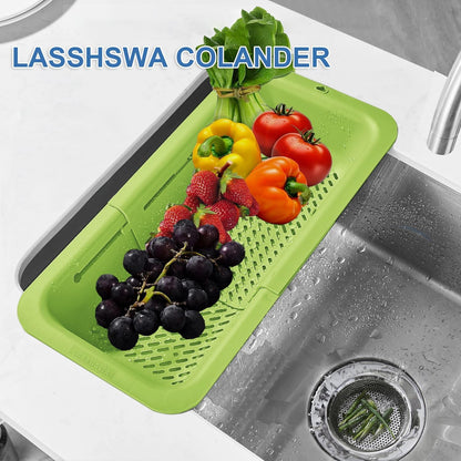 LASSHSWA Collapsible Colander for Kitchen, Over the Sink Strainer Basket for Kitchen, Fruit Pasta Food Strainer Expandable Plastic Colander BPA Free (Black)