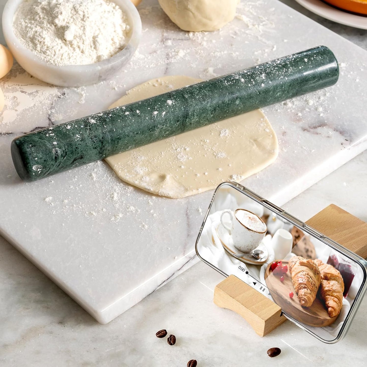 Marble French Rolling Pin for Baking, 12 Inch Non Stick Polished Rolling Pin for Dough, Heavy Dough Roller for Fondant Pizza Pie Crust Cookie Pastry Bread, Kitchen Baking (Indian Green)