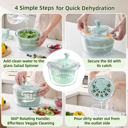 Borosilicate Glass Large Salad Spinner & Vegetable Washer - 5.2 Quart BPA-Free Dehydrator with Handle Includes 5 Chopping Blades Slicer, Drain Bowl Dishwasher Safe - Perfect for Lettuce Fruit Veggies