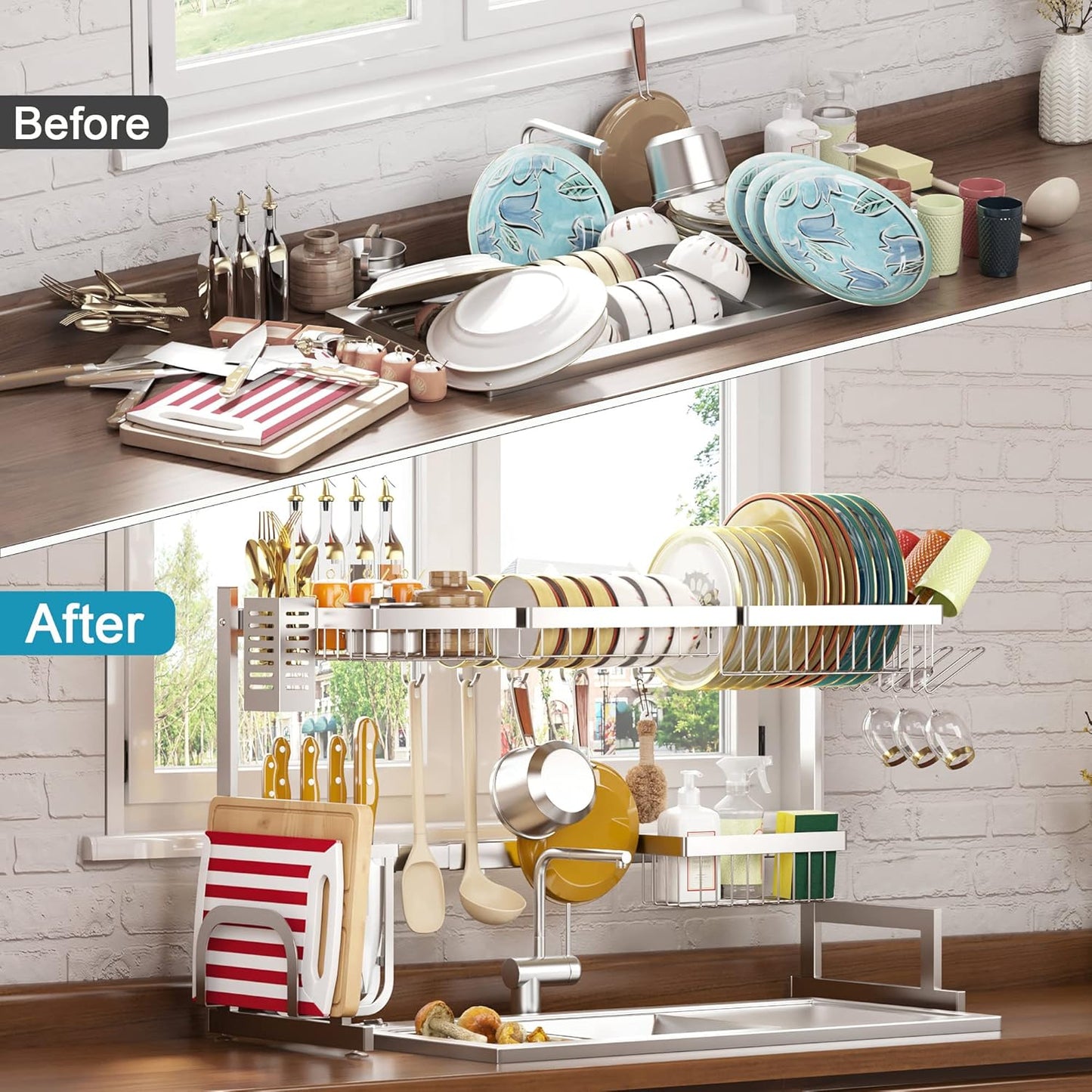 PUSDON Over the Sink Dish Drying Rack, 2 Tier Adjustable Large Capacity Stainless Steel Dish Rack for Kitchen Counter, Heavy Duty Space Saver Organizer with Utensil Holder, Black