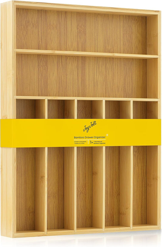 JoyJolt Bamboo Drawer Organizer, 7-Compartment Silverware Organizer, Cutlery and Utensil Organizer, Drawer Organizers for Garage, Kitchen, and Bathroom, Organizer Drawers for Kitchen Utensils