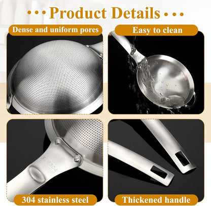 2 Packs Punch Hole Sieve Fine Mesh Stainless Steel Mesh Strainer Small Colander Strainer with Handle Metal Mini Sifter Set for Kitchen Baking Straining Flour Quinoa Tea Juice