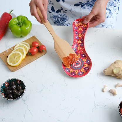 Handmade Spoon Rest, Ceramic Spoon Rest for Stove Top, 10" Spoon Rest for Kitchen Counter, Dishwasher Safe Spoon Holder for Stove, Housewarming Gifts Utensil Rest, Colorful Spoon Rests (Black)