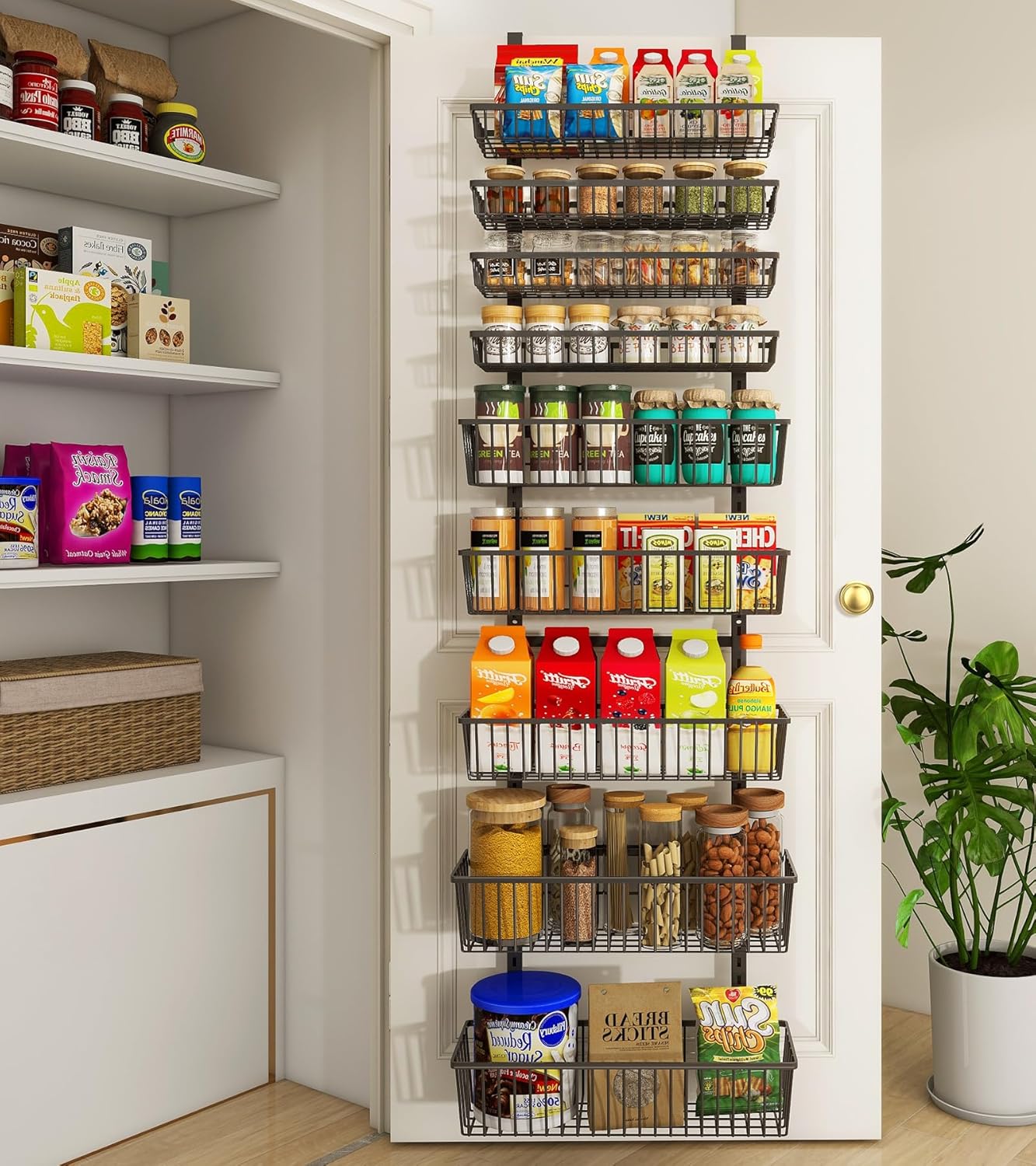 Mefirt White 9-Tier Over The Door Pantry Organizer, Pantry Organization and Storage, Deep Baskets Hanging Heavy-Duty Metal, Wall Spice Rack Seasoning Shelves for Home & Kitchen, Laundry Room Bathroom
