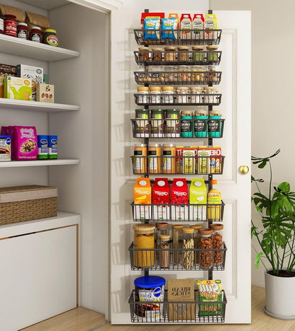 Mefirt White 9-Tier Over The Door Pantry Organizer, Pantry Organization and Storage, Deep Baskets Hanging Heavy-Duty Metal, Wall Spice Rack Seasoning Shelves for Home & Kitchen, Laundry Room Bathroom