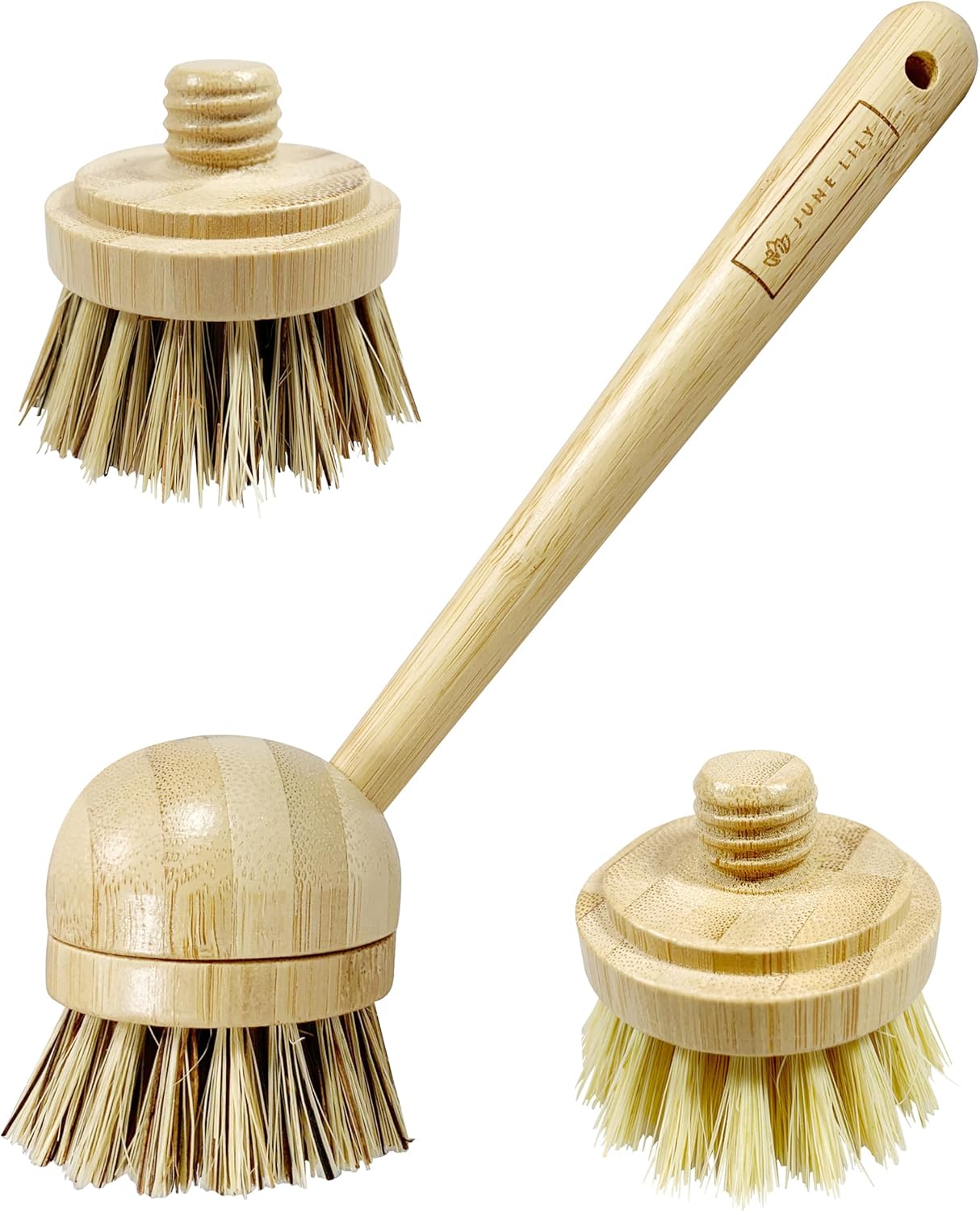 JuneLily Long Coconut Dish Brush Plant-Based Vegan for Kitchen Bathroom Cleaning Produce Washing Dishes (Long Dish Brush & Coconut Brush Head)