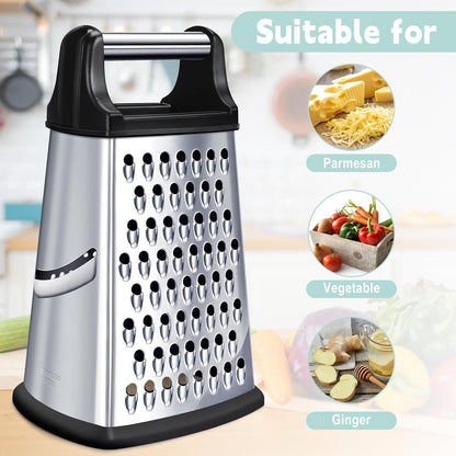 Kaishun Professional Cheese Grater, 4-Sided Stainless Steel Box Grater, Food Shredder for Cheese, Parmesan, Vegetable, Black