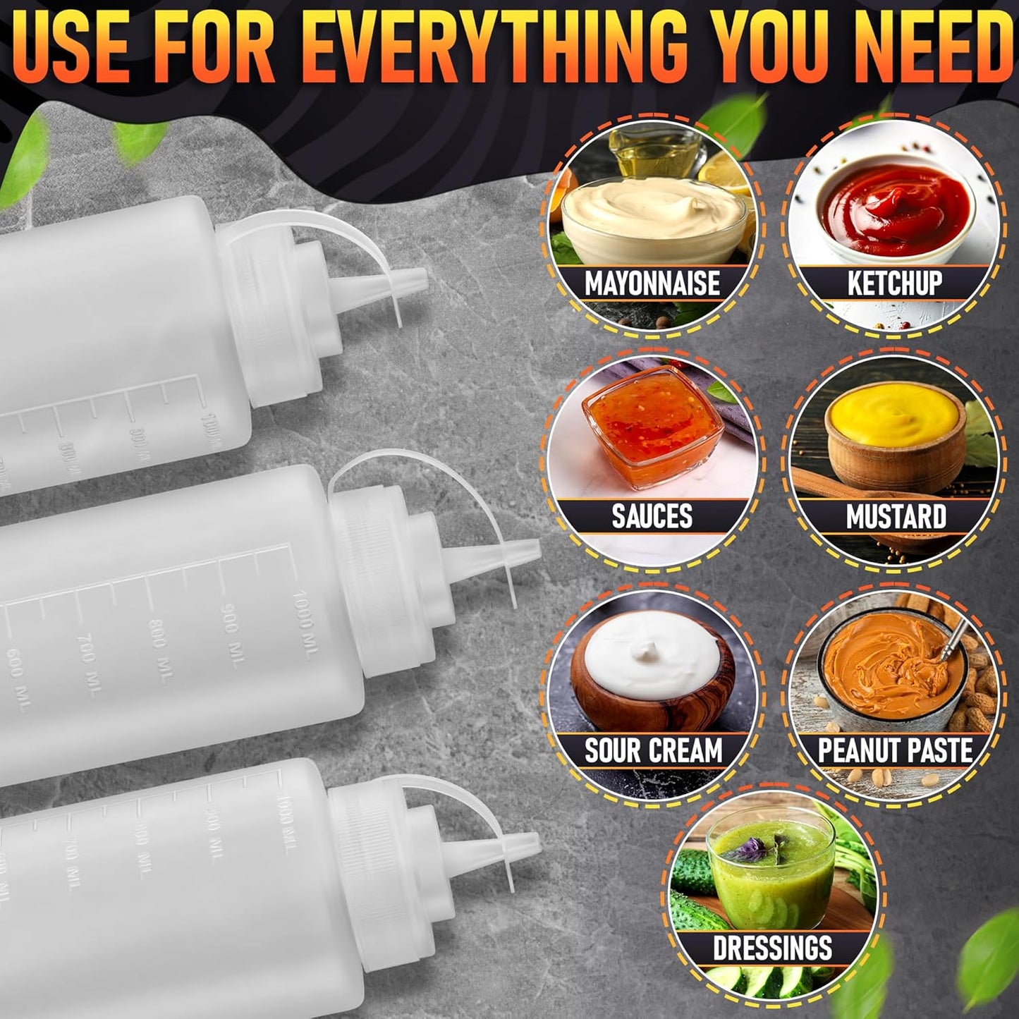 Set of 3 Inverted Condiment Squeeze Bottles 16 oz – Upgraded Design with Added Sealing Gaskets, Self-Closing Valve, Easy-to-Fill Clear Bottles for Sauces, Dressings, Ketchup, Mustard for Everyday Use