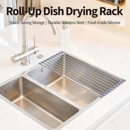 Roll Up Dish Drying Rack for Over Sink - 17.5"x15.7" Foldable Stainless Steel Kitchen Drainer, Black