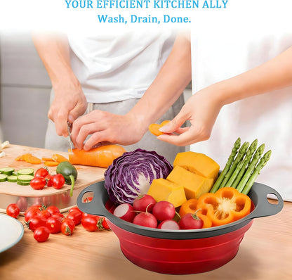 UVB Foldable Silicone Colander with 2 Stainless Steel Hooks & Collapsible Funnel, Kitchen Strainer Basket for Pasta, Fruit and Vegetables, Space Saving Sink Colander for Home Kitchen – Red