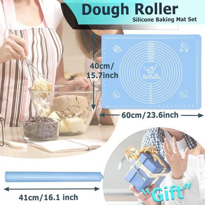 Rolling Pin Silicone Baking Pastry Mat Set,Pizza Dough Roller Baking Mat for Rolling Dough Non Slip Extra Large with Measure,Kitchen Counter Mat for Pie,Crust,Cookies,Bread,Pastries,Pasta, 15.7" x 24"