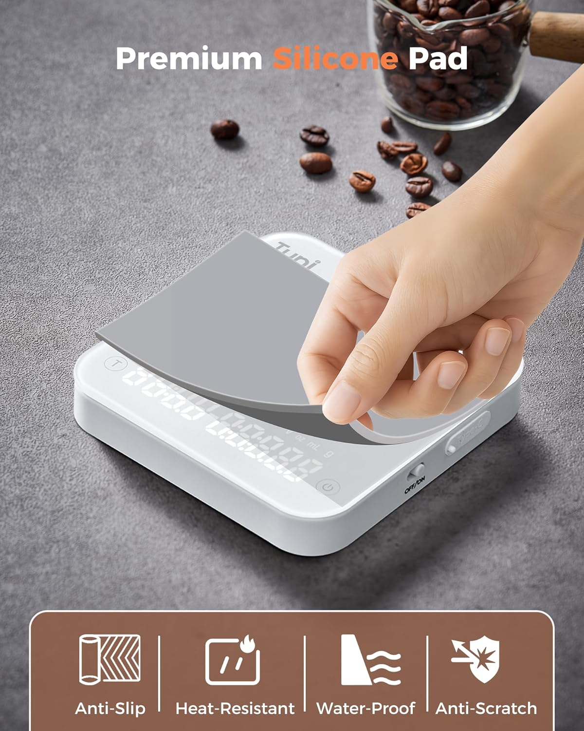 Tuni Rechargeable Mini Coffee Scale with Timer, 2kg/0.1g Accurate Espresso Scale for Espresso and Pour-Over Coffee, Portable Digital Kitchen Scale with Automatic Timing, White