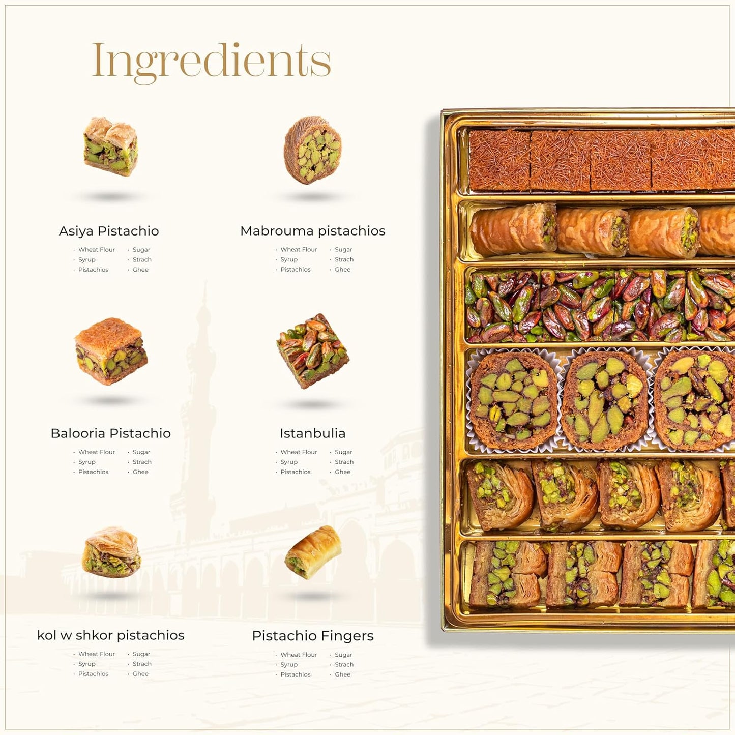 Damaskino Home Assorted Turkish Baklava Gift Box – 1.1lb (500g) 35 Pieces – Traditional Pistachio Baklava Pastry with Walnut & Cashew Fillings – Authentic Middle Eastern Sweets – Pistachio Gift Box