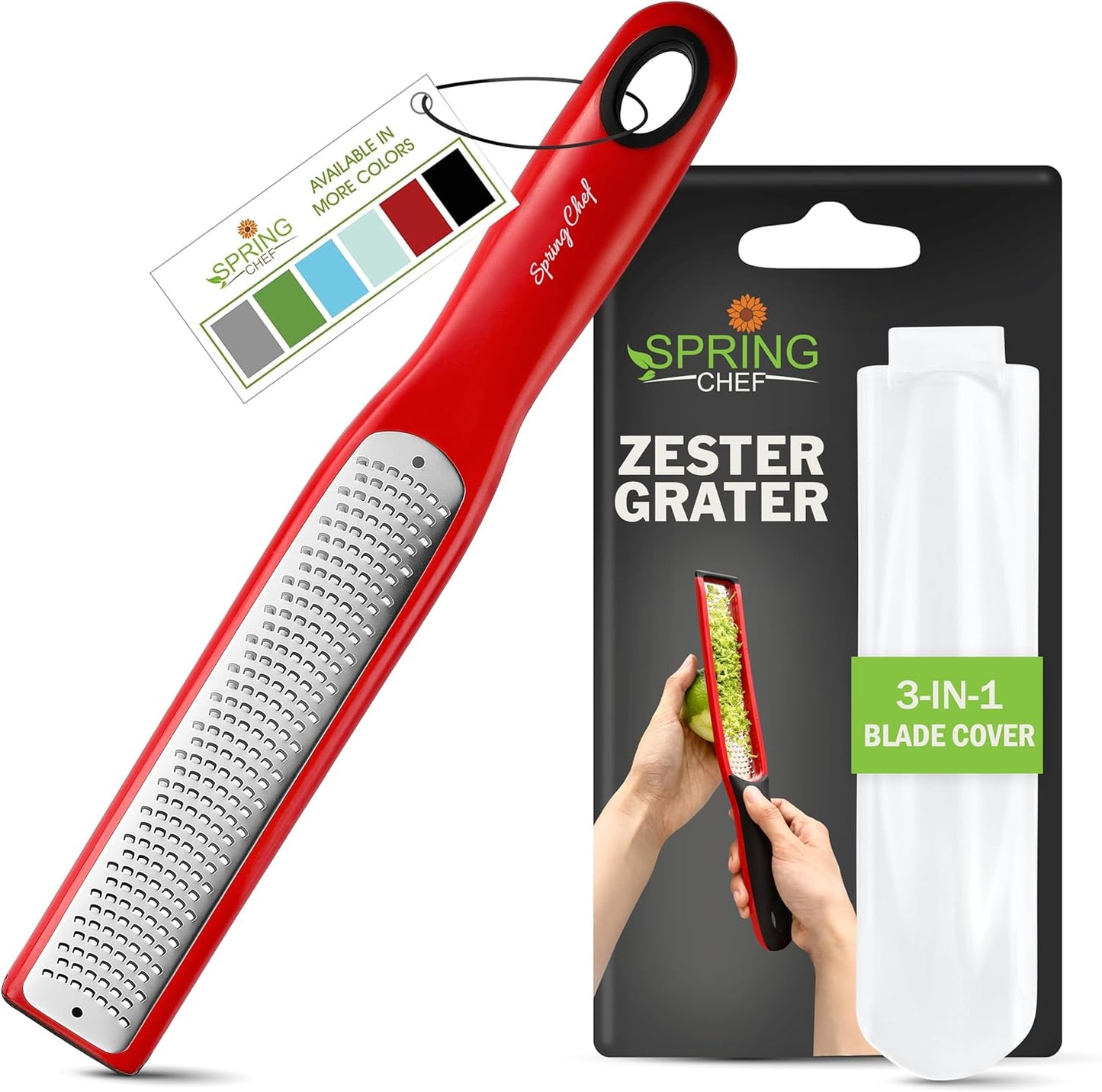 Spring Chef Premium Lemon Zester Grater with Handle - Fruits, Garlic, Chocolate, Nutmeg, Ginger Grater - Heavy Duty Kitchen Tool - Stainless Steel Citrus Zester with Blade Cover - Fine Shred, Black