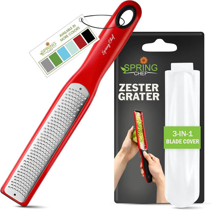 Spring Chef Premium Lemon Zester Grater with Handle - Fruits, Garlic, Chocolate, Nutmeg, Ginger Grater - Heavy Duty Kitchen Tool - Stainless Steel Citrus Zester with Blade Cover - Fine Shred, Black