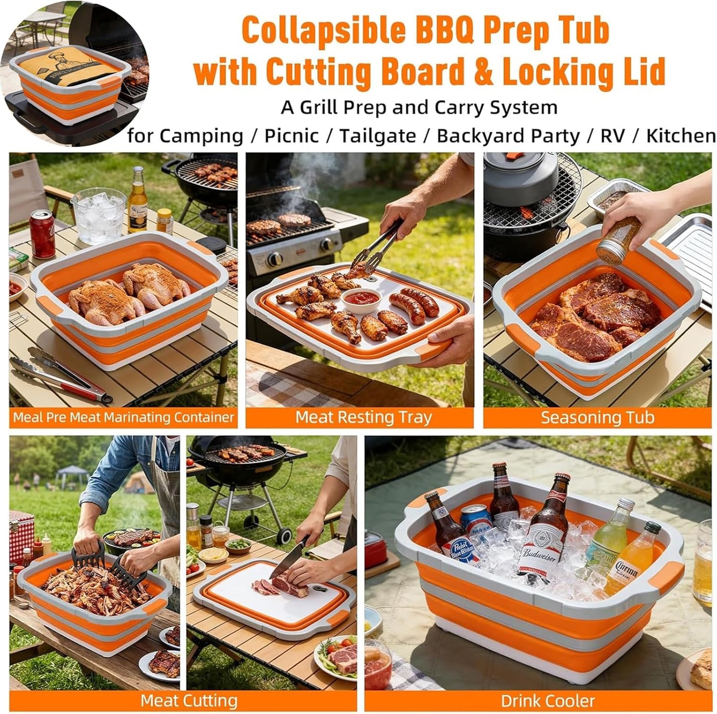 8L Collapsible BBQ Prep Tub with Locking Lid Cutting Board for Marinating Food Storage - Portable Wash Basin Colander for Kitchen Camping Sink - Foldable Bucket for Household Baking Picnic Tailgate