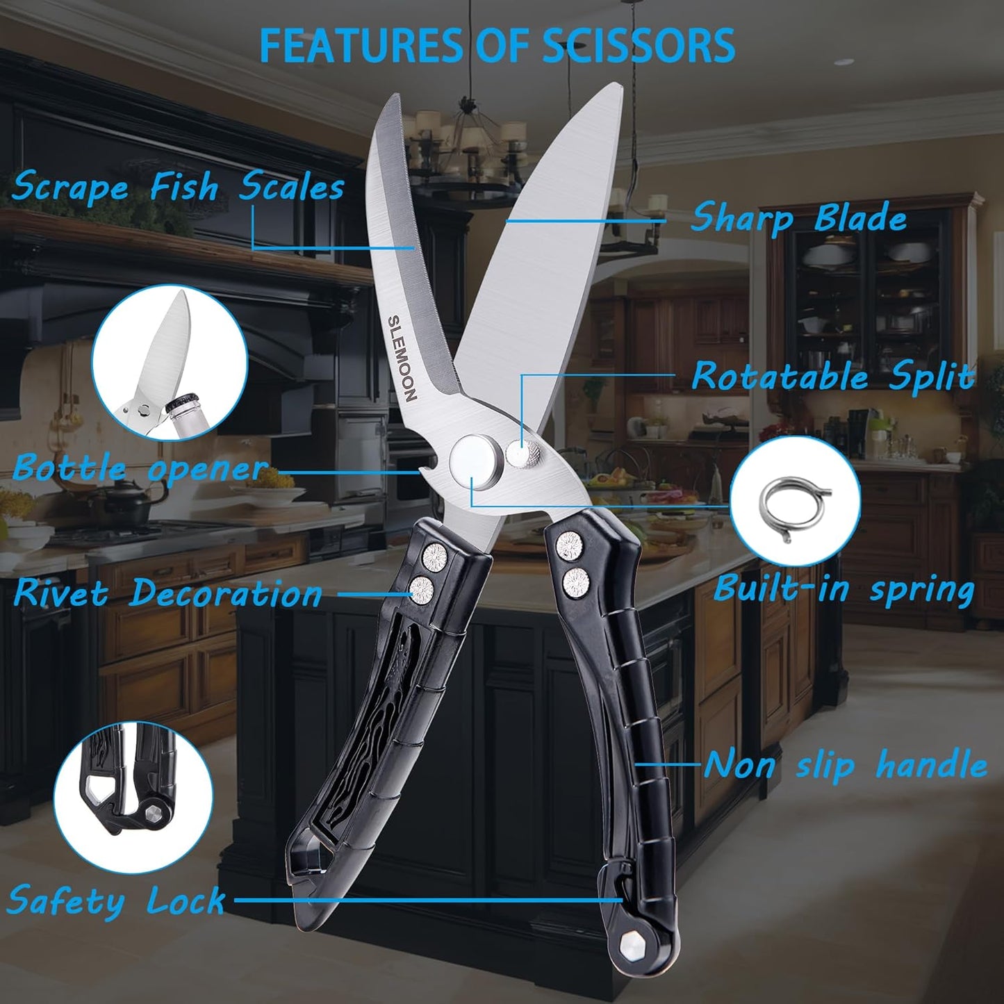 Heavy Duty Kitchen Poultry Shears - Professional Food Scissors for Spatchcocking Chicken, Cutting Raw Meat & Poultry Bones, Thick Steel Blades, Spring-Loaded, Dishwasher Safe Black