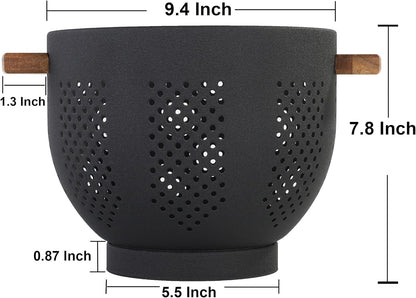 Metal Colander with Wood Handle and Stable Base, 5.5 Quart Powder Coated Steel Kitchen Strainer Basket for Draining Pasta, Vegetable and fruit,Cream