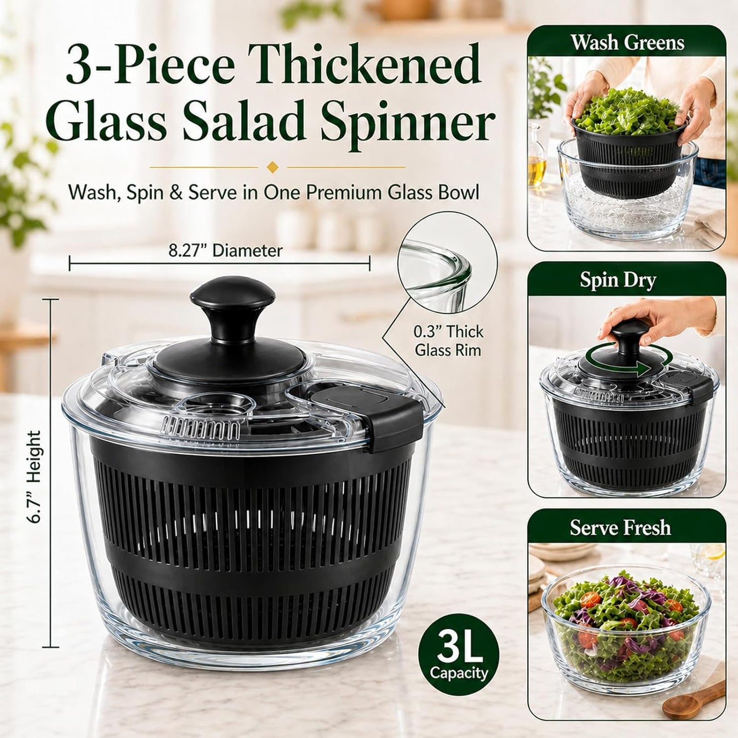 Good Grips 3.2 Qt Glass Salad Spinner Small Vegetable Dryer with Drain Microwave Safe Dishwasher Safe with Transparent Lid Crank Handle Quick Spin Greens Washer for Lettuce Herbs Fruits Pink