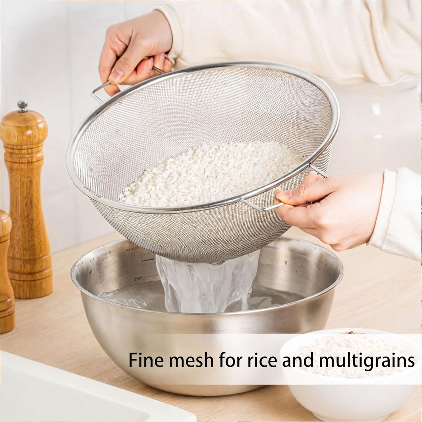 304 Stainless Steel Kitchen Colander Set, 3.5QT Colander with Handle and Bowl, 40 Mesh Fine Strainer, Fast Draining for Rice, Pasta, Fruits & Vegetables, Dishwasher Safe