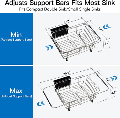 JASIWAY Roll Up Dish Drying Rack, Expandable (12.8"-23.8" D x 12.8" W) Stainless Steel Portable Drainer for Kitchen Sink Counter, Foldable Over The Sink Cover with Removable Utensil Holder