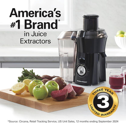Hamilton Beach Juicer Machine, Big Mouth 3” Feed Chute for Whole Fruits and Vegetables, Easy to Clean, Centrifugal Extractor, Vegetable & Fruit Juicer, BPA Free, 800W Motor, Black
