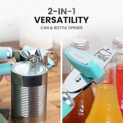 Zulay Kitchen Heavy Duty Stainless Steel Can Opener Manual with Bottle Opener - Rust Proof Manual Can Opener With Turn Knob & Comfy Soft Grip Handles - Black