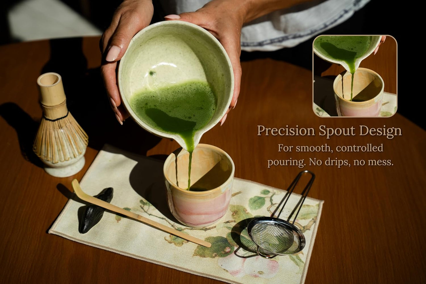 7 Pcs Matcha Whisk Set – Matcha Kit - Ceramic Bowl, Bamboo Whisk & Holder, Scoop, Sifter, Scoop Rest & Tea Towel – Elegant Matcha Kit for Tea Lovers, Home Decor & Zen Spaces (Green)