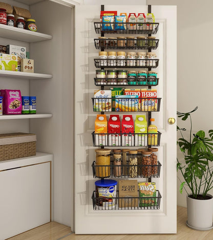 Mefirt White 9-Tier Over The Door Pantry Organizer, Pantry Organization and Storage, Deep Baskets Hanging Heavy-Duty Metal, Wall Spice Rack Seasoning Shelves for Home & Kitchen, Laundry Room Bathroom