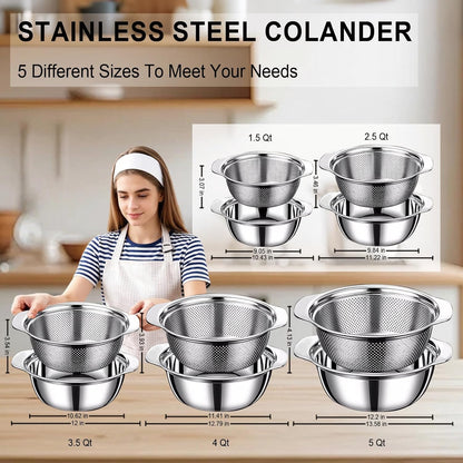 Colander for Kitchen, 1.5 QT 18/8 Stainless Steel Colander, Stainless Steel Strainer with Mixing Bowl, Rice Strainer with Handle for Washing Vegetables, Fruit, Rice, and Pasta (2 PC)