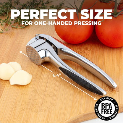 Zulay Kitchen Premium Garlic Press Set - Rust Proof Professional Garlic Mincer Tool - Easy-Squeeze, Easy-Clean with Soft, Ergonomic Handle - Silicone Garlic Peeler & Brush (Silver)
