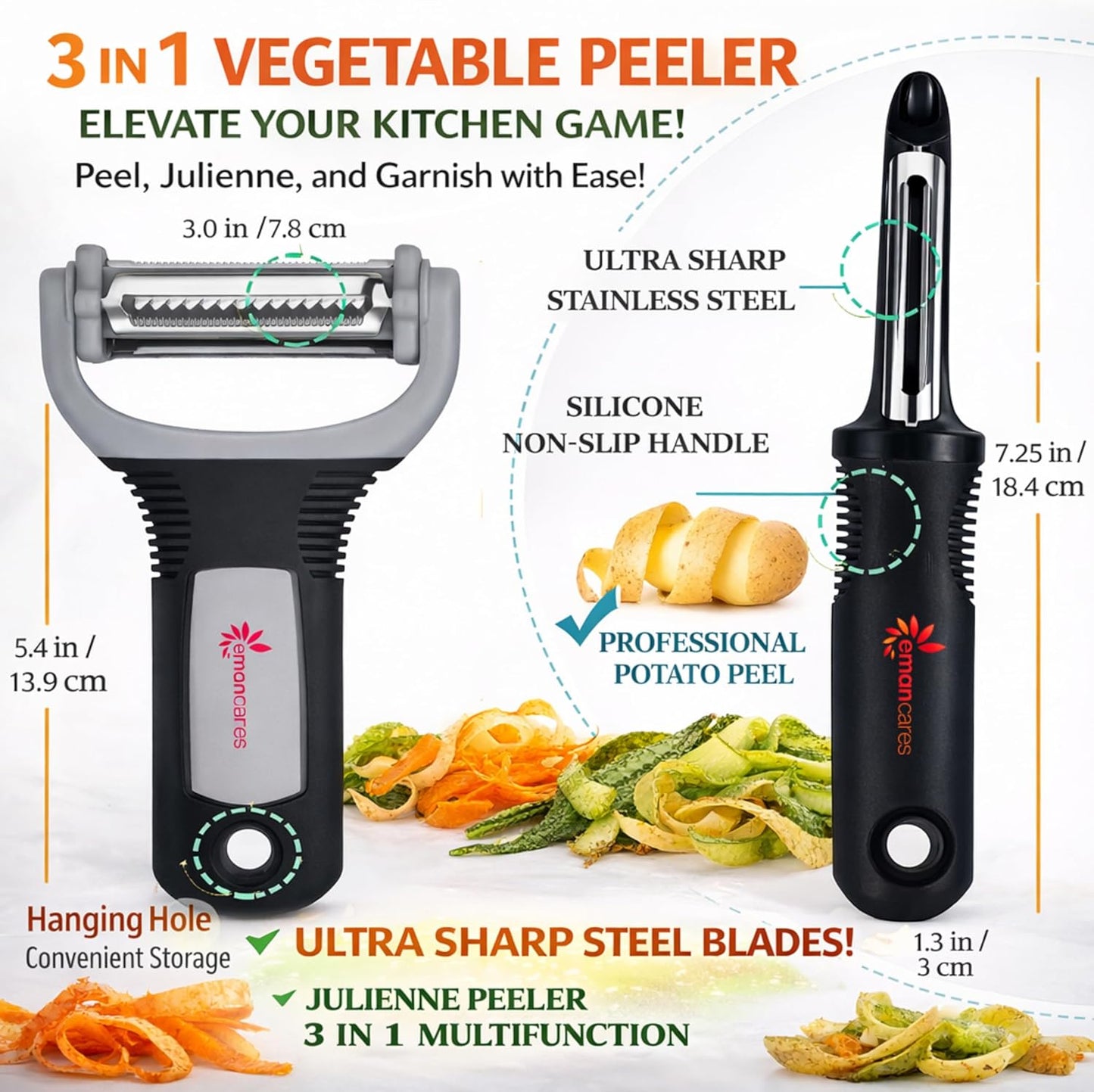 Fruits & Vegetables Peeler Set – Y Peeler Ultra-Sharp Stainless Steel Swivel Standard, Serrated, & Julienne Blades